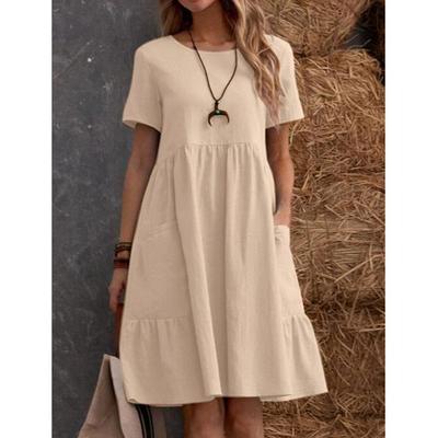 Women's Vintage Cotton Linen Loose Pocket Solid Colour Round Neck Dresses