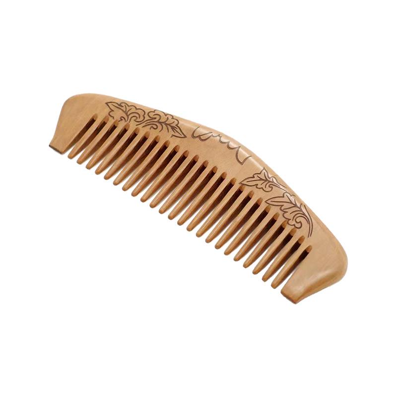 Peach Wood Carved Comb with Fine and Medium Teeth - Handleless, Floral Design