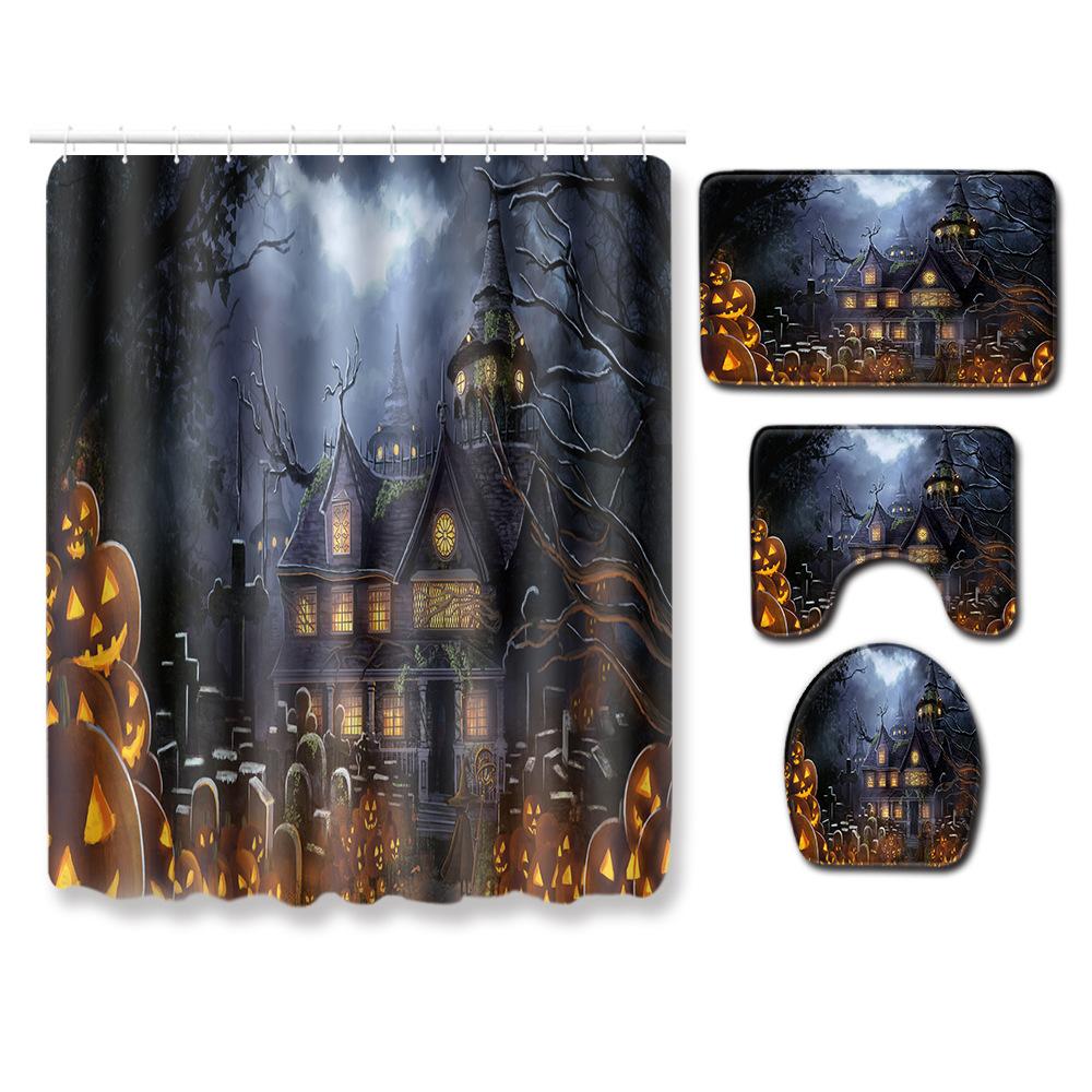 Halloween Shower Curtain Floor Mat Combination Four-Piece Set Bathroom Toilet Carpet Shower Room Foot Mat