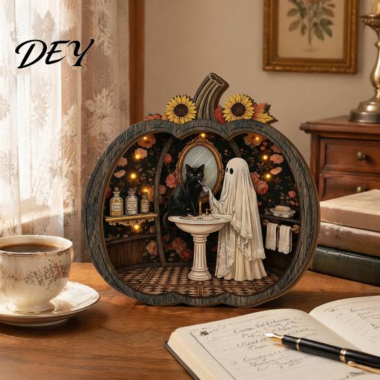 Halloween Bookstore Scene Ghost Wooden Tabletop Ornament, 2D Flat Cute Reading Bathing Whimsical Book Nook Watering Plaque with Stand for Home Shelf,