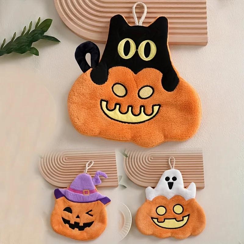 Halloween Pumpkin Coral Fleece Hand Towel - Cute Pumpkin Design, Polyester, Perfect for Kitchen, Bathroom, and Party Decorations