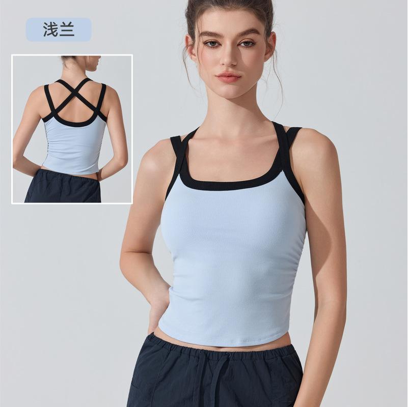 Contrasting Sports Underwear Yoga Suspender Vest Sexy Ribbed Inner with Chest Pad Outer Wear Cross Back Women