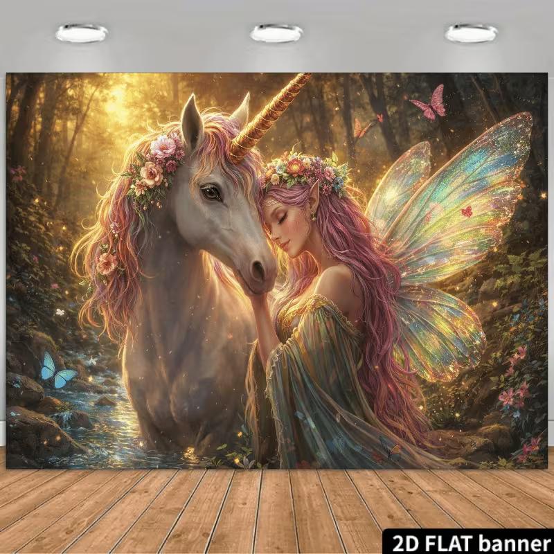 2D Magical Unicorn  Fairy Backdrop Enchanted Forest Banner 47.2x31.5inch/120*80cm