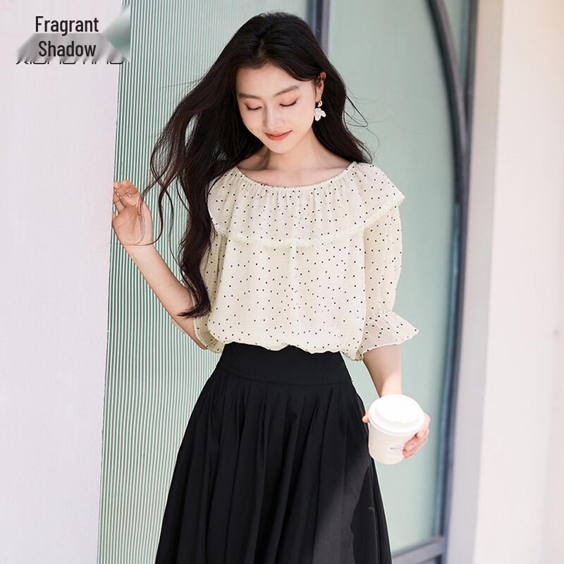 Xiangying Women s Off-Shoulder Polka Dot Chiffon Blouse S