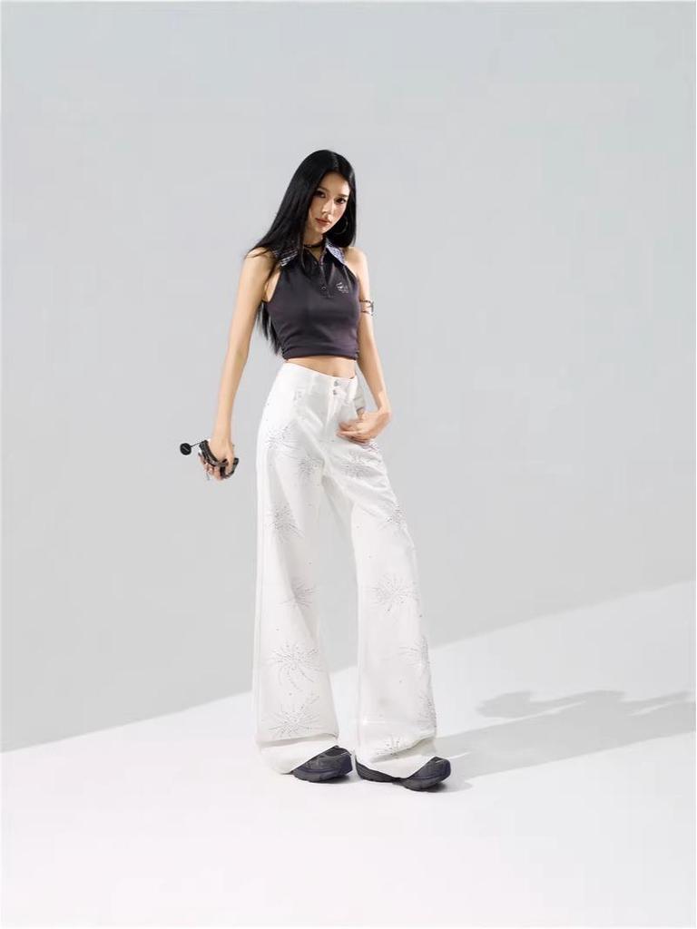 Fireworks Flash Rhinestone Anti-Wrinkle Four-Way Stretch Micro-Flare Casual Pants
