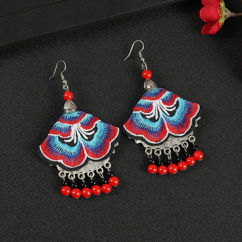 A few embroidered fabric earrings, long tassel personalized fan earrings, women's retro Miao flower earrings