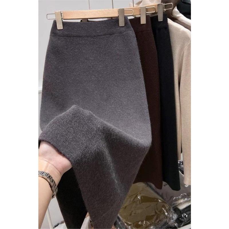 Fustă Tricotată Îngroșată pentru Femei pentru Iarnă Stil Nou Fustă Tip Creion Mică cu Talie Înaltă Temperament Șliț Acoperire Șold Fustă Lungă