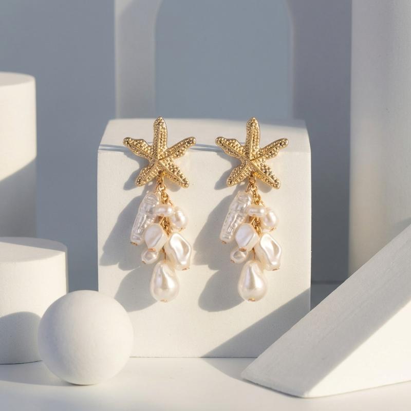 Bohemian Starfish Pearl Drop Earrings Vintage Gold Beach Jewelry For Women Summer Vacation Accessories