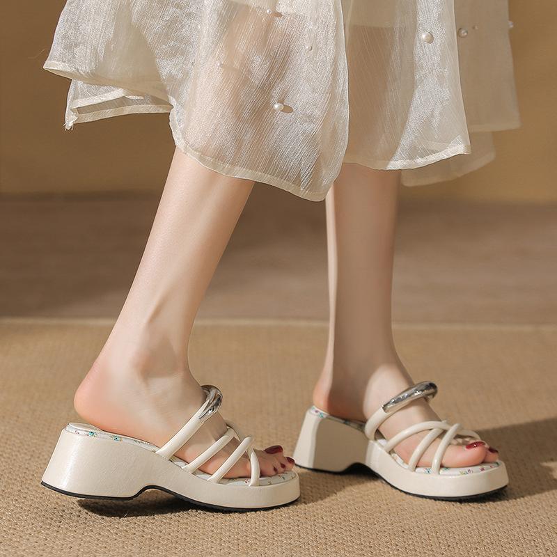 Slope Heel Thick Sole Cover Toe Cool Slippers Women's Summer Wear New Small Height Increase Lace Moon Beach Sandals