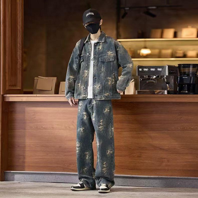 Spring Autumn American Denim Coats Set Classic  Retro Cowboy Jeans Trendy Two-Piece Sets Versatile Outerwear Casual Jacket