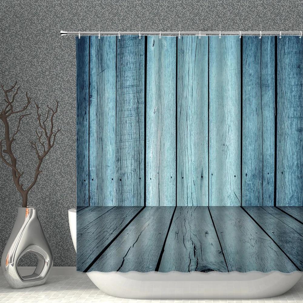 Retro Holzmaserung Duschvorhang Dreidimensionaler Raumdruck Badezimmer Vorhänge Wasserdicht Polyester Stoff Badewannen Schirm Dekor W60H190(CM)-1 Pcs