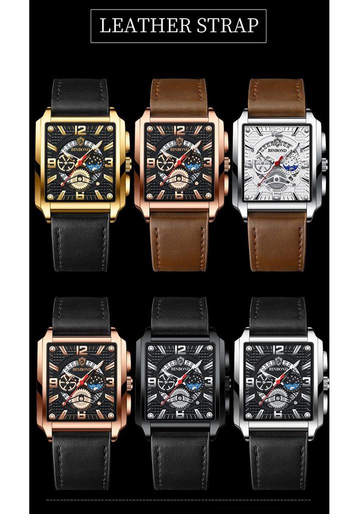 Binbond Men's Retro Multifunctional Waterproof Luminous Square Calendar Watch
