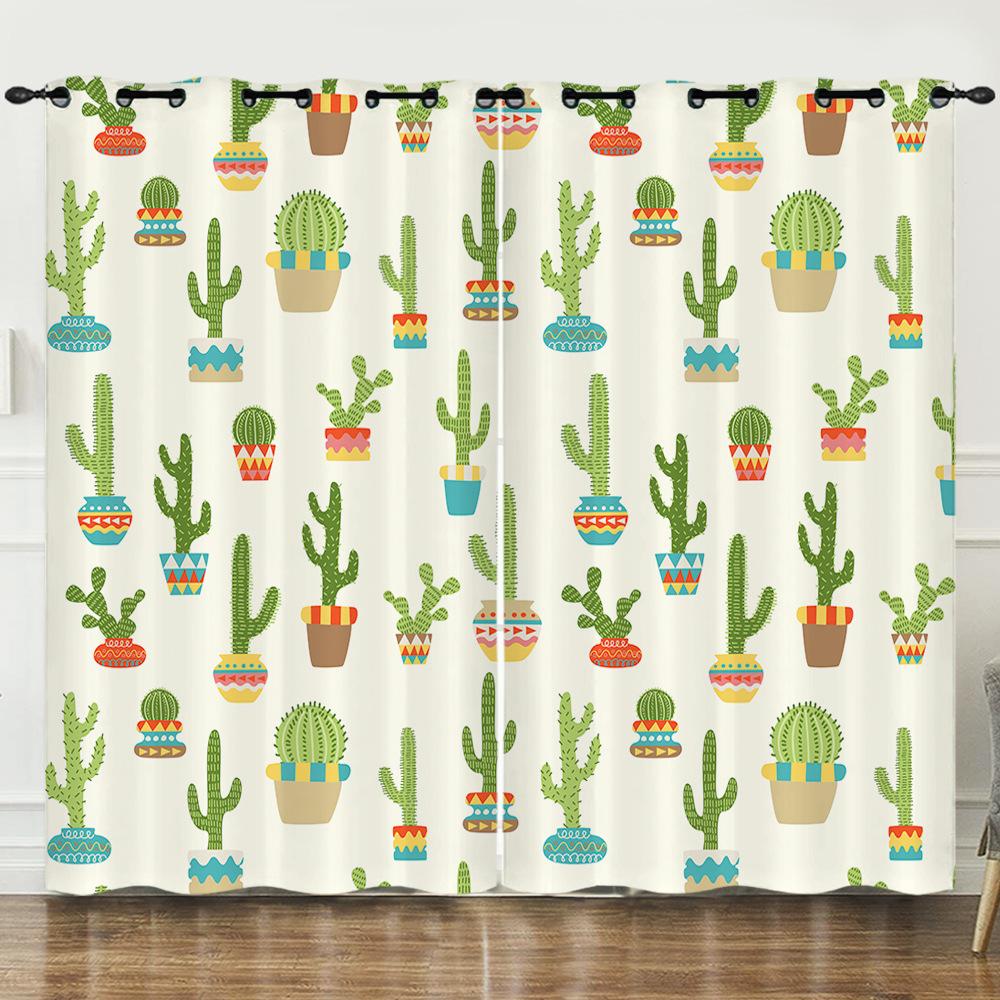 Curtains Fresh Green Plants Hand-Painted Cactus 3D Digital Printing Blackout Curtain Punching