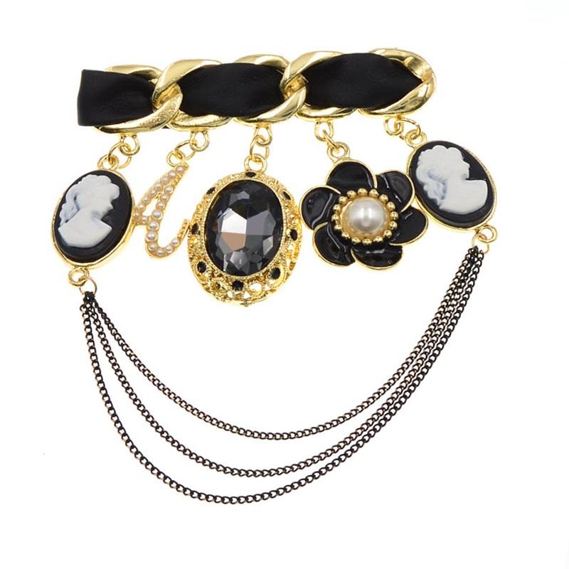 Beauty Head Enamel Flower Crystal Letter A Brooches For Women Chain Tassel Pin New Winter Design Gift