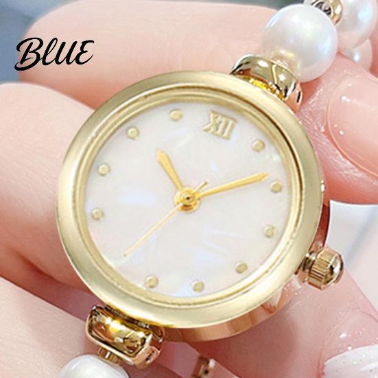 Thin Wristband Watch Women Faux Pearl Bracelet Adjustable Strap Round