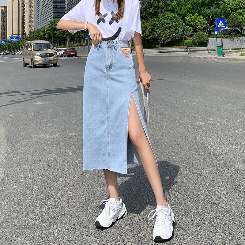 Black High Waist A-Line Denim Skirt with Side Slit - Trendy Summer Fashion for Women