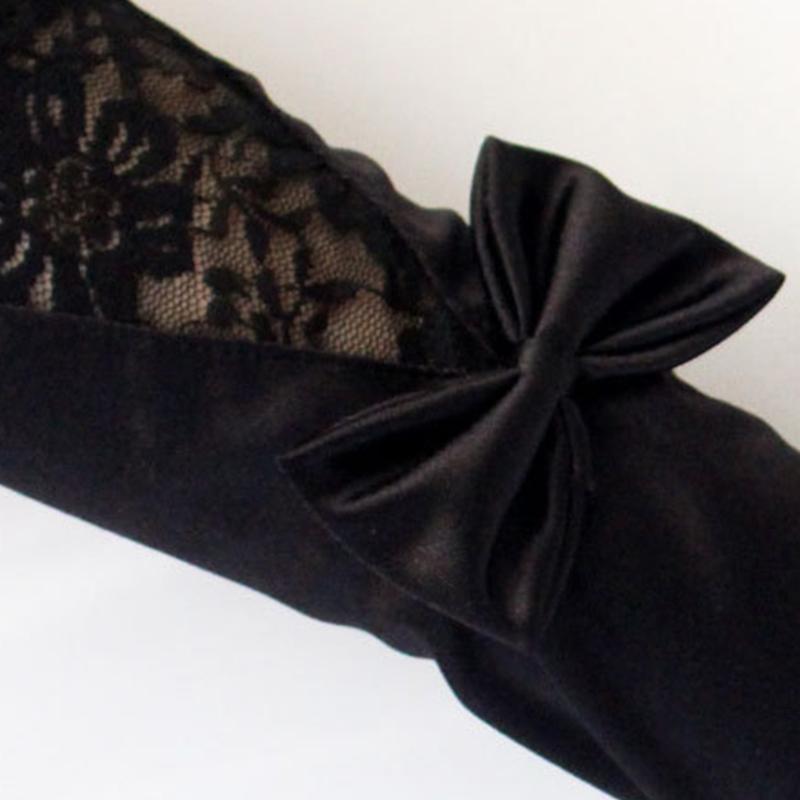 Damen Mädchen Lange Satin Schwarze Handschuhe Elegant Schleife Einfarbig Spitze Besatz Vollfinger Fäustlinge für Hochzeit Oper Party