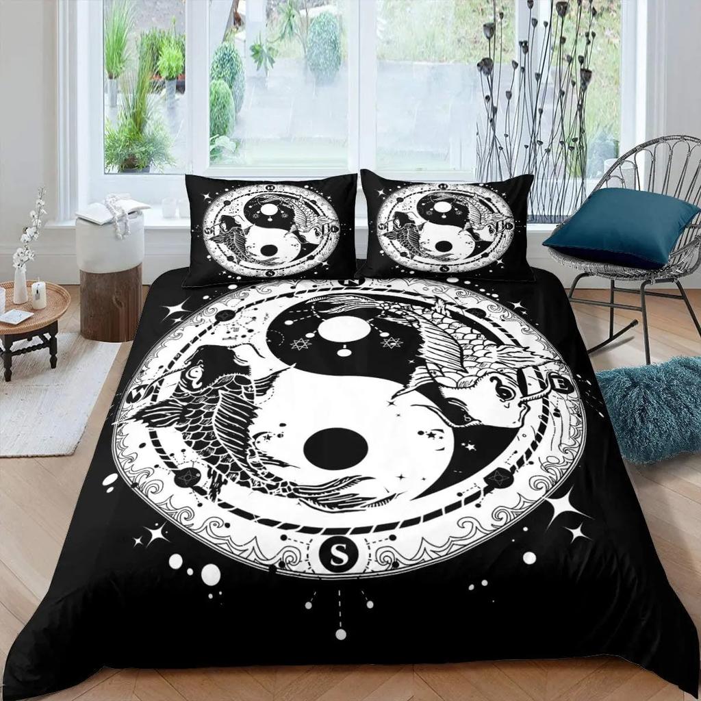 Black And White Duvet Cover Set Bohemian Mandala Bedding Set For Boys Yin And Yang Polyester Comforter Cover King Size
