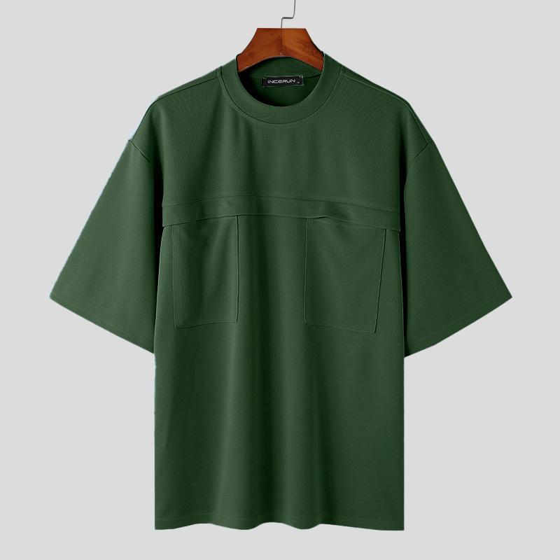 

INCERUN Мужские летние однотонные футболки с коротким рукавом, повседневные топы в стиле пэчворк 2XL зелёный