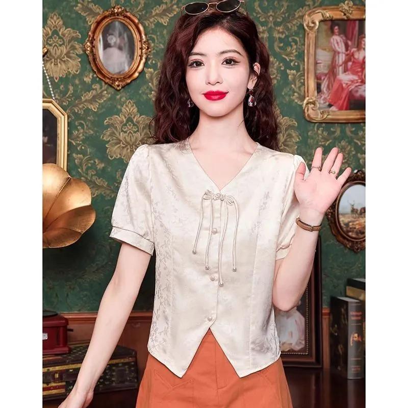 Blusa Feminina Decote V com Amarração Frontal Manga Curta Jacquard Cropped Camisa Casual Vintage
