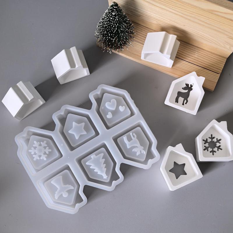 1Pcs Christmas Series Theme Hollow House Molds 6-Cavity Christmas House Candle Holder Silicone Mold Resin Casting Mold