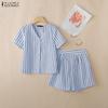 Women Short Sleeve Blouse and Shorts Casual Stripe Print Two Piece Suit Sets
