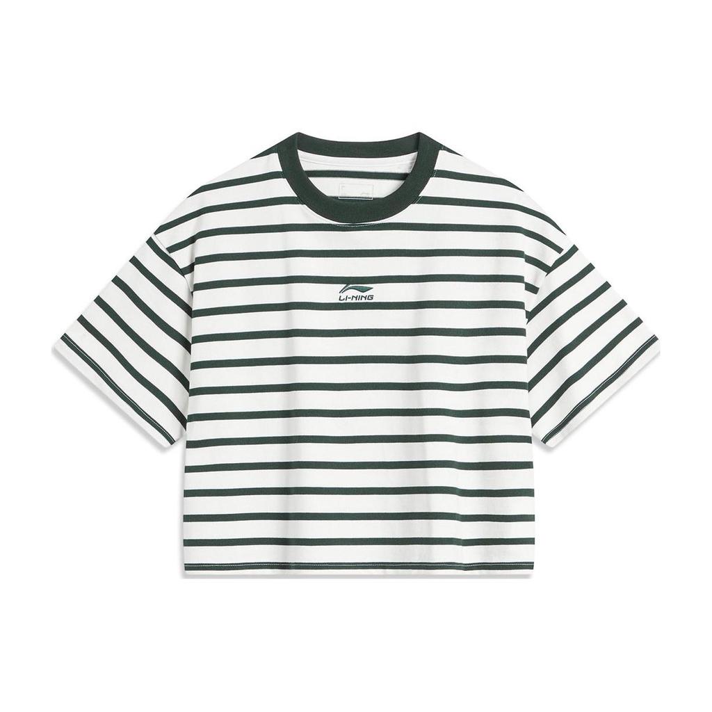 Li-Ning Weekend Youth Striped Short Sleeve Drop Shoulder T-Shirt Women Tops Off-White Vintage-Green AHSU720-2