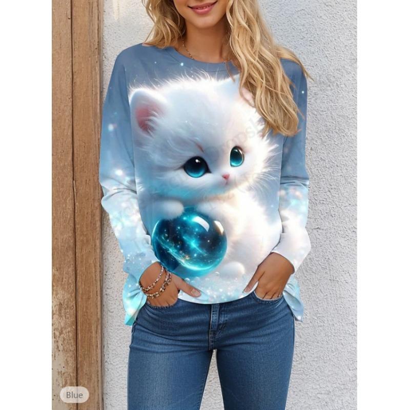 New Cute Cat 3d Print T-Shirt Animal Casual Long Sleeve T-shirt Women's Clothing Fashion Casual Oversized Tops Tees Female