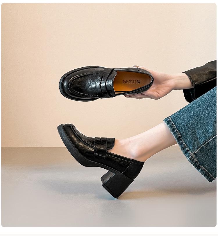 British Style Black Chunky Heel Loafers – Cowhide, Versatile, High Heel College Flats