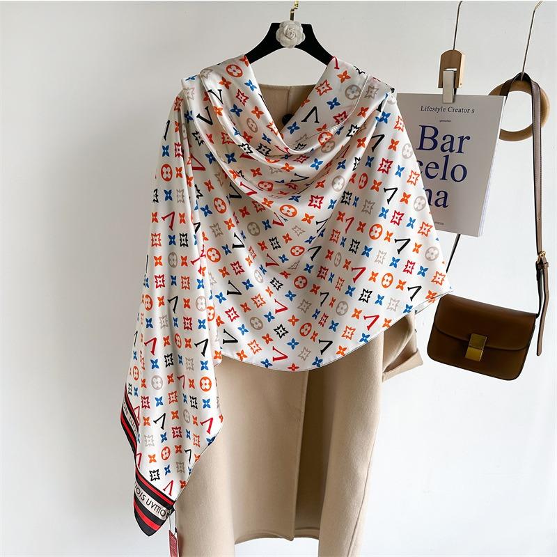 Color Letter Silk Scarf Light Luxury Fashion Scarf Simulation Silk Large Size Shawl Silk Scarf Women