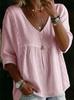 2026 Lace V-Neck Pullover Solid Color Women's Casual 3/4 Sleeve Top