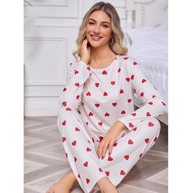 Specially for European and American pajama sets, milk silk long-sleeved trousers, loungewear, imitation cotton love women's suit printing