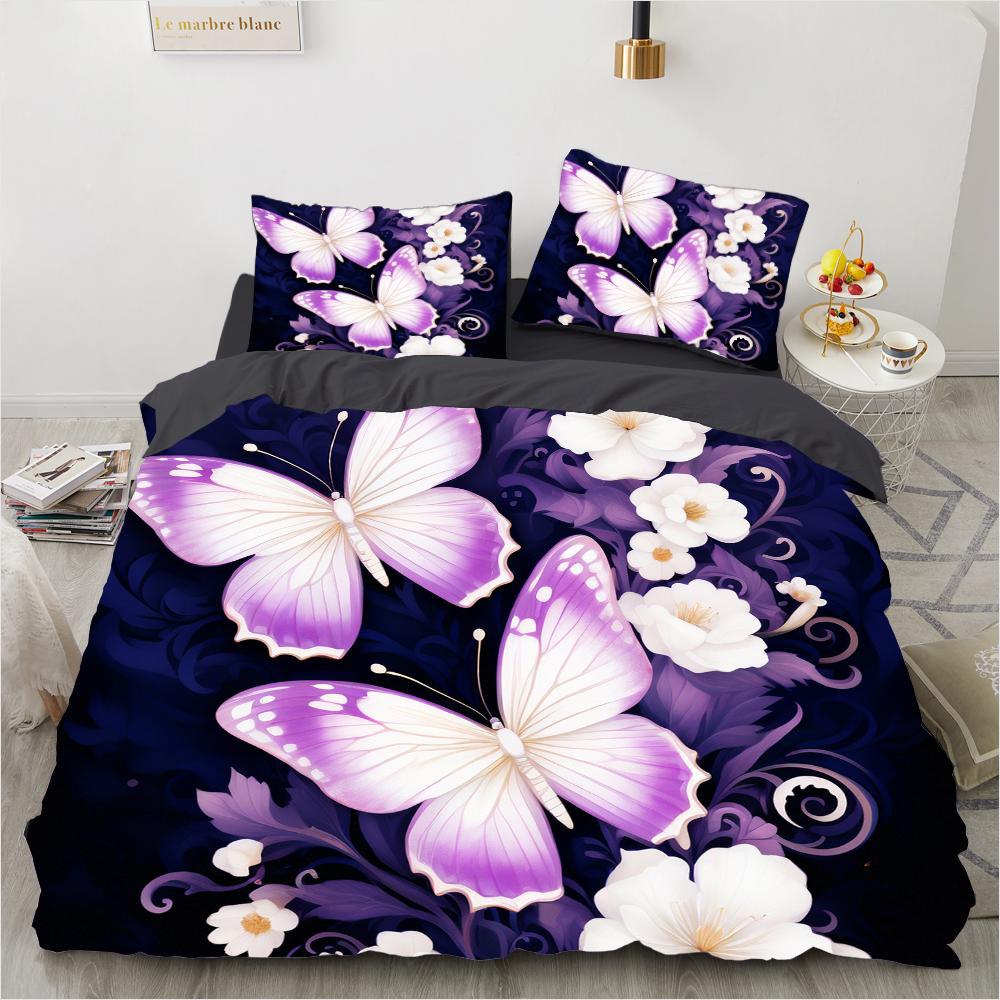 3D Digital Luxury Bedding Set Printed Purple Bohemian Butterfly Duvet Cover Queen King Size Floral Set 3 Pcs With 2 Pillowcases