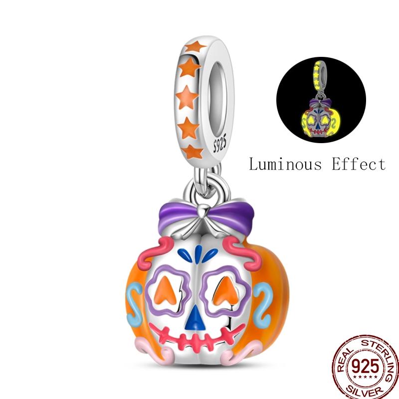 Halloween Charms Bead Copper Jack-O'-Lantern Skull Bat Witch Hat Candy Luminous Charm Fit Bracelet Diy Jewelry