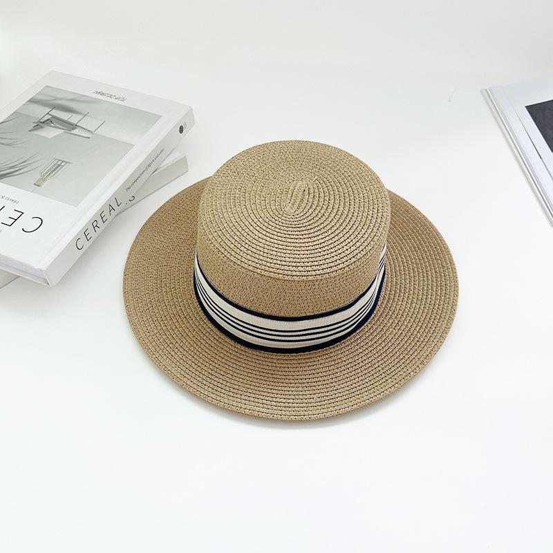 

Полосатая соломенная шляпа с плоским верхом для женщин на лето, новая корейская знаменитость в Instagram, новая солнцезащитная шляпа для отпуска и прогулок хаки