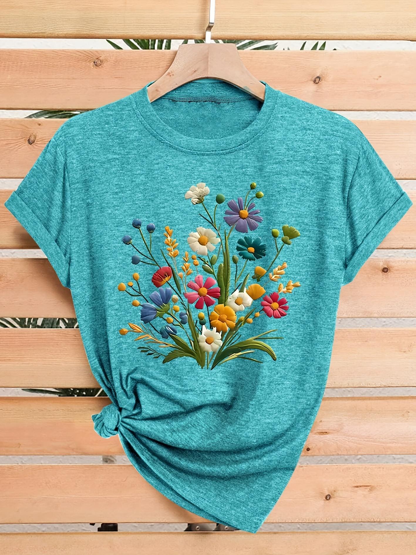 Wildflower Bouquet Women s Tee - Colorful Floral Graphic, Casual Teal Top S