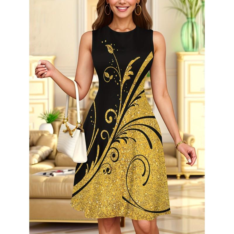 Womens Casual Sleeveless Round Neck Midi Dress With 3D Print Breathable Comfort Fit Elegant Office Style