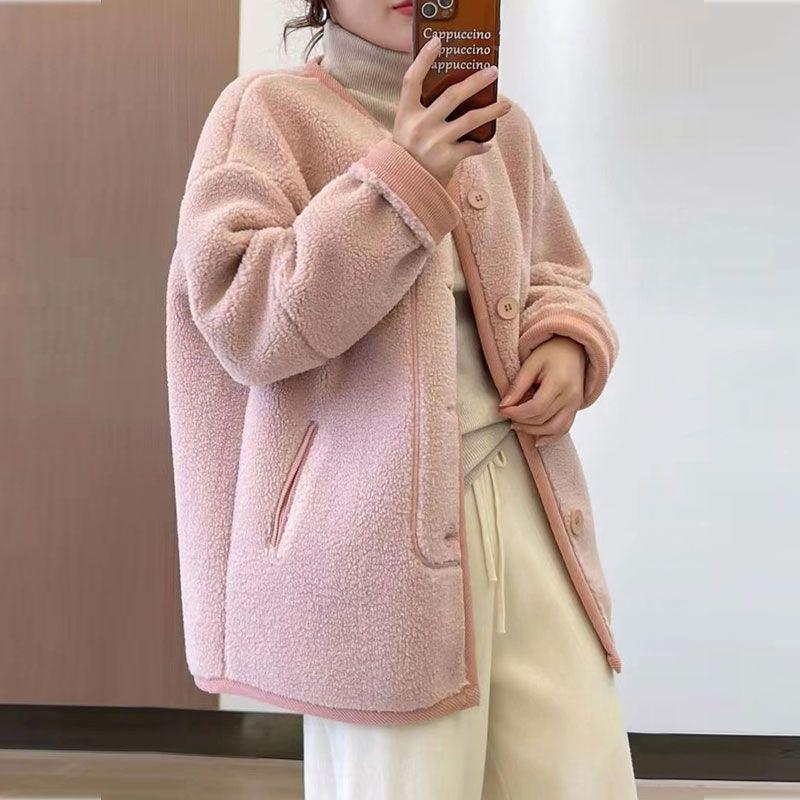 Women's Taro Purple Shearling Lambswool Coat - Korean Style, Loose Fit, Thickened Winter Top