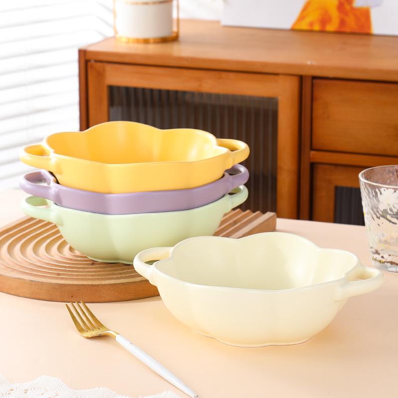Nordic Creative Ceramic Binaural Lace Bowl Household Cream Wind Tableware Fruit Salad Bowl With Ears Instant Noodle Bowl Soup Bowl