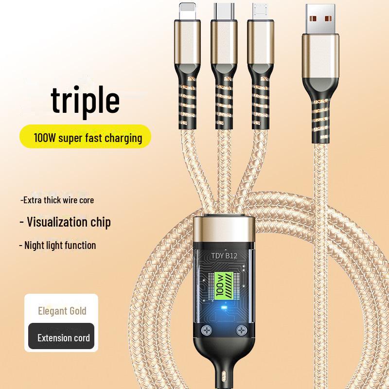 100W Crystal 3-in-1 Transparent Data Cable with Light Version
