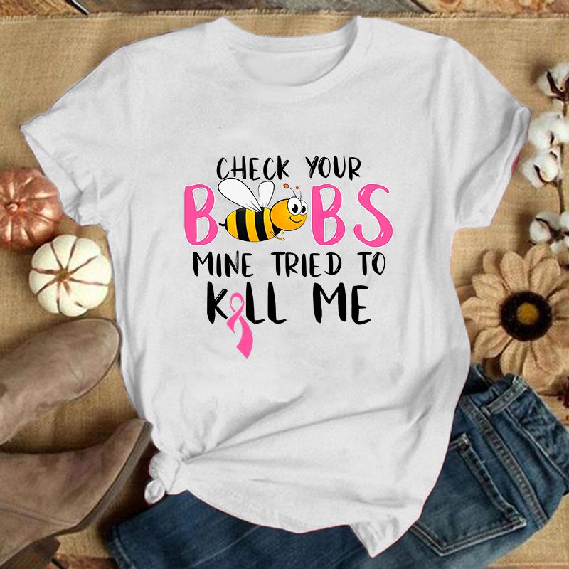 New Hot Breast Cancer Printed T-Shirts Women Girl Casual Loose Round Neck Creative Personalized T-Shirts