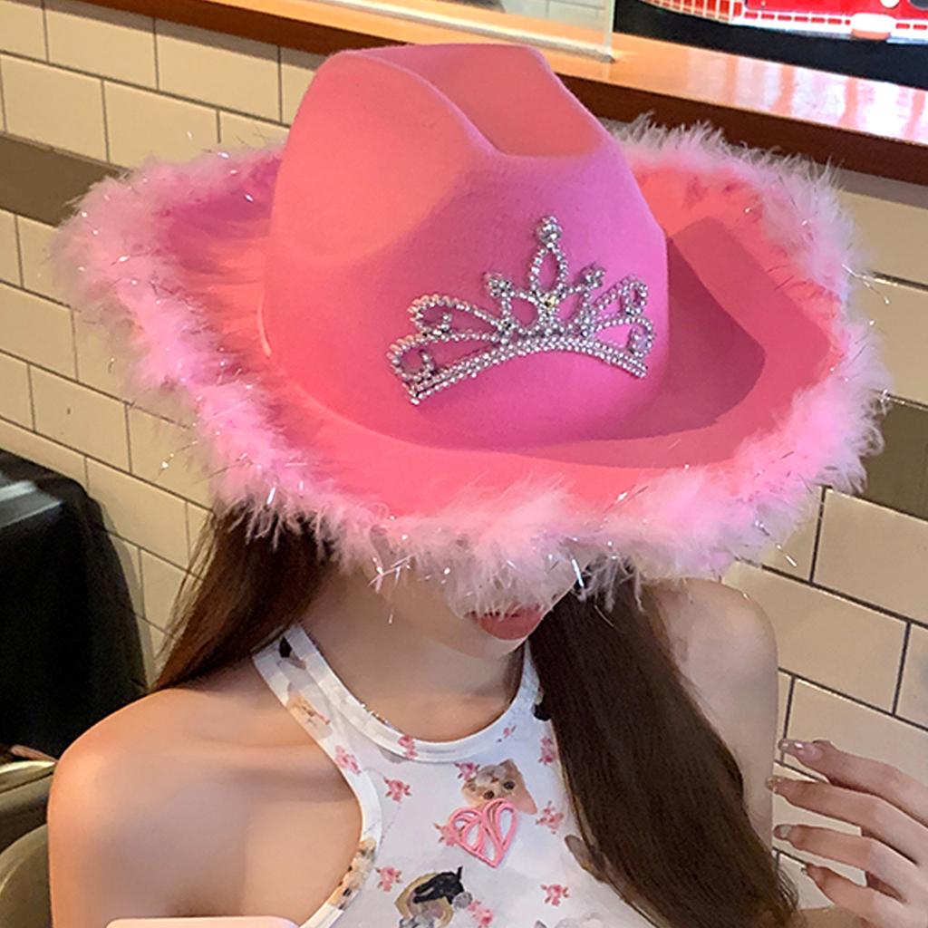 Wedding Party Cowboy Hat Adult Woman LED Feather Tinsel Brim Hat Fedoras Felt Cowboy Hat with Rhinestone Crown Decor