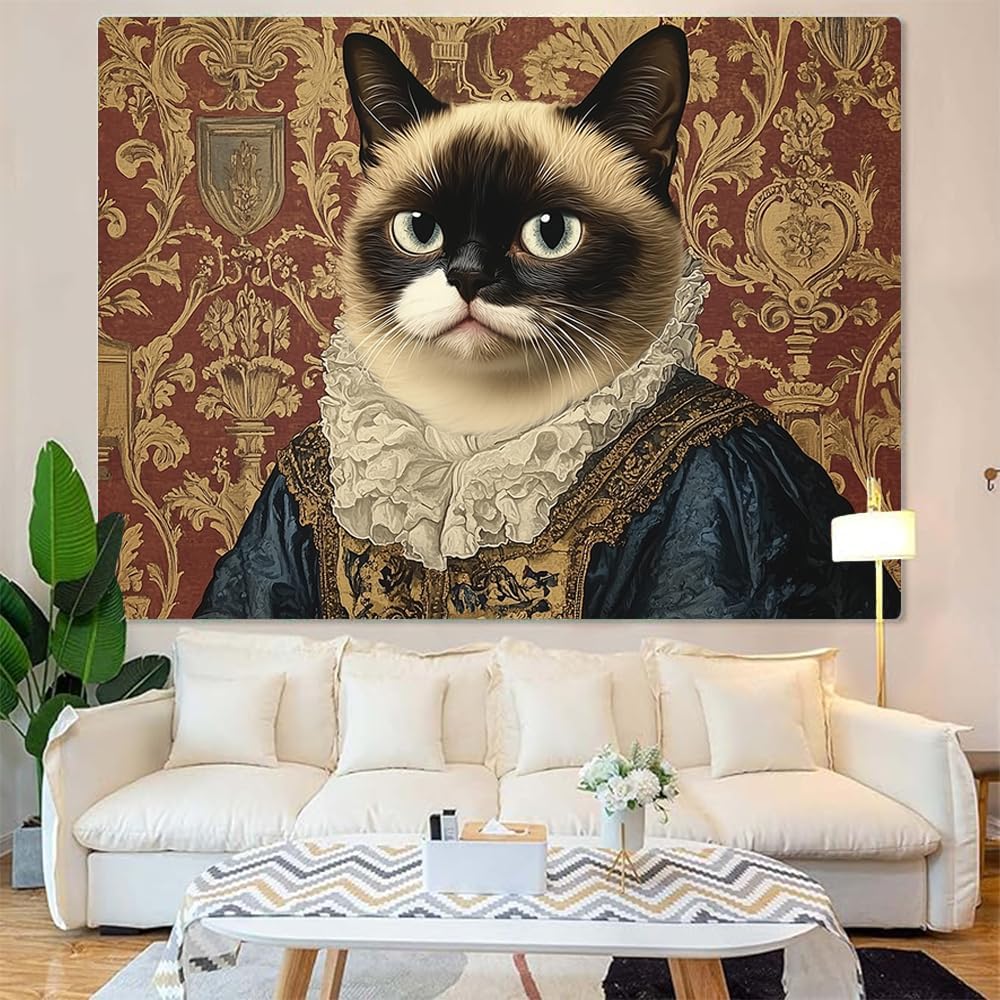 Old Master Painting Siamese Cat Tapestry,Victorian Ruffled Collar Wall Cloth,Elegant Art Ornament For Bedroom Dorm Home Interior