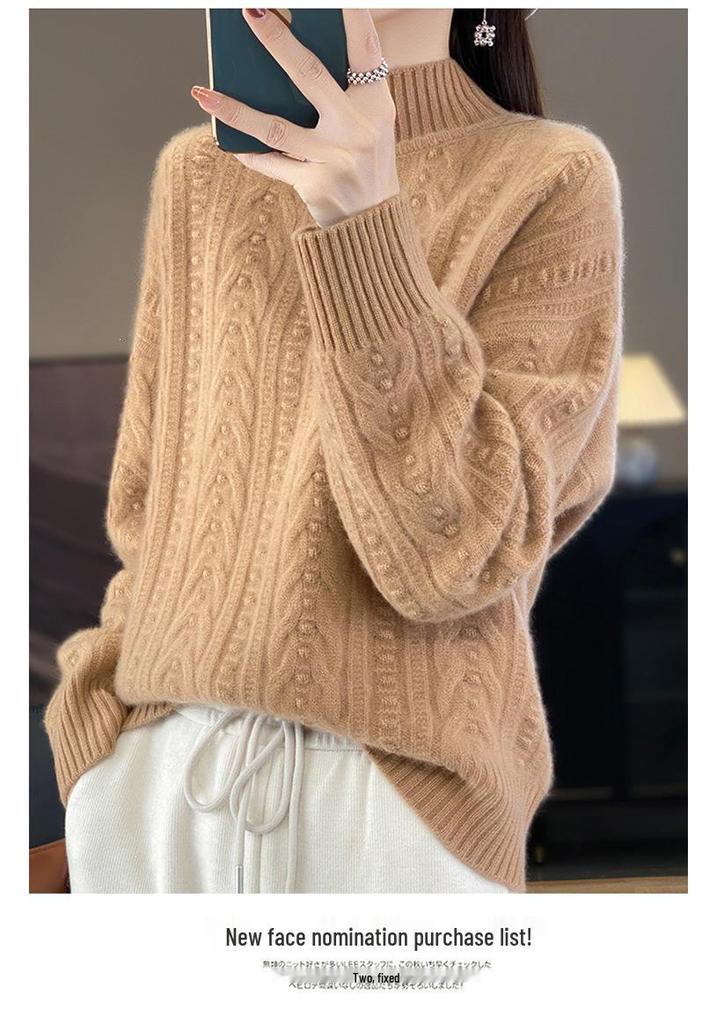 2026 Autumn/Winter Women's Cozy High Neck Knit Sweater - Solid Color, Loose, Warm Pullover