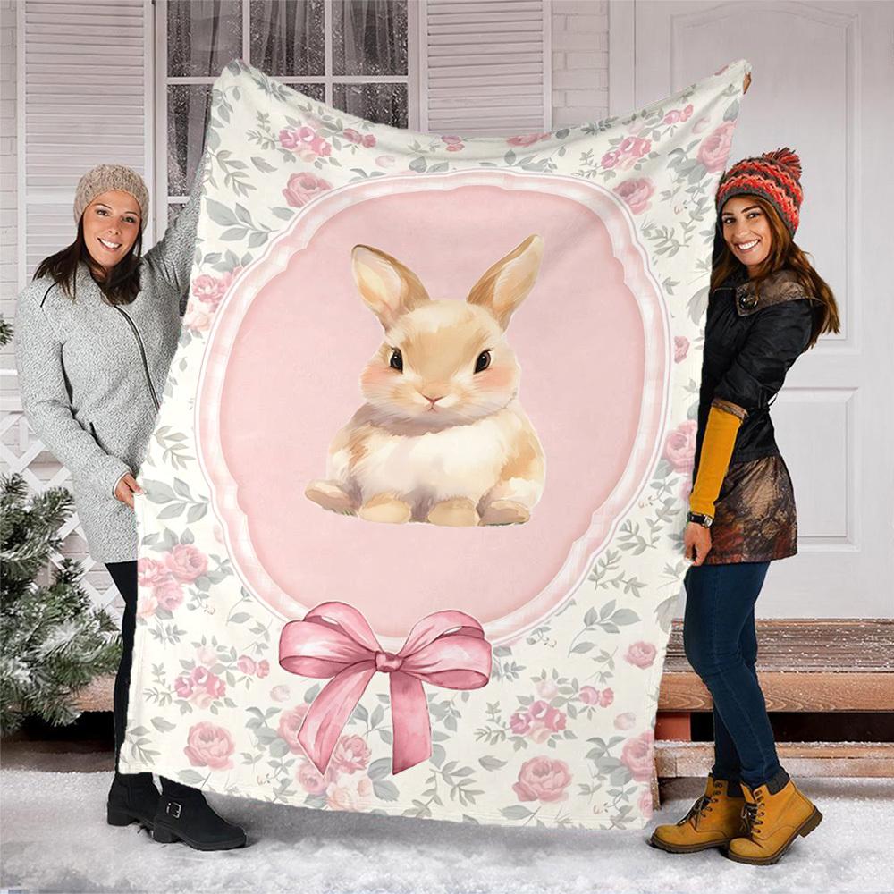 1pc Bunny Print Outdoor Flannel Blanket , Machine Washable Perfect Gift for Birthday , Holiday Travel Accessory , Durable Material