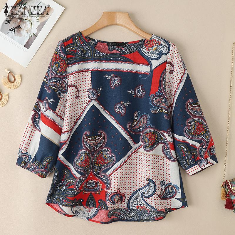 ZANZEA Damen Freizeit Rundhals 3/4 Ärmel Retro Print Bluse
