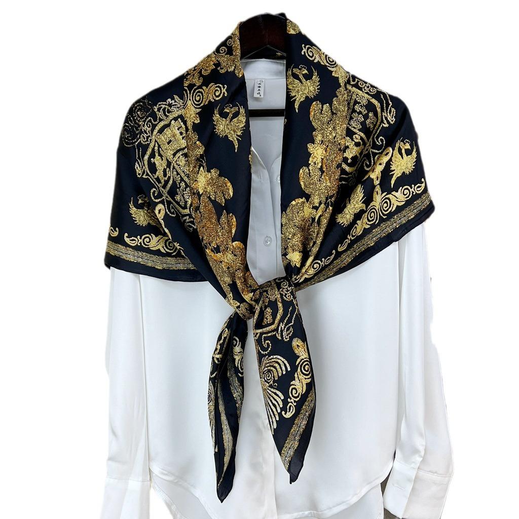 Black Gold Phoenix, Silk Crepe Satin 110 Large Square Scarf Mulberry Silk Silk Scarf Spring And Autumn Shawl Scarf Women