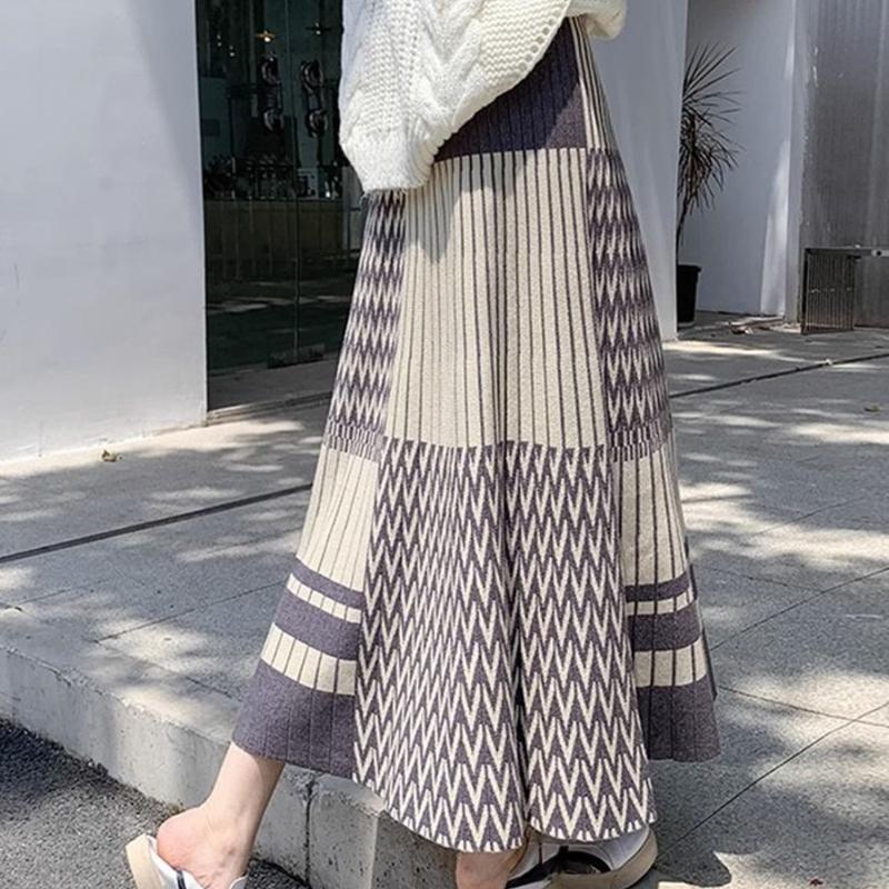 Versatile Flared Pleated Women's Autumn Winter High Waist Thickened Knitted Wool A-Line Hip-Hiding Long Midi Skirt