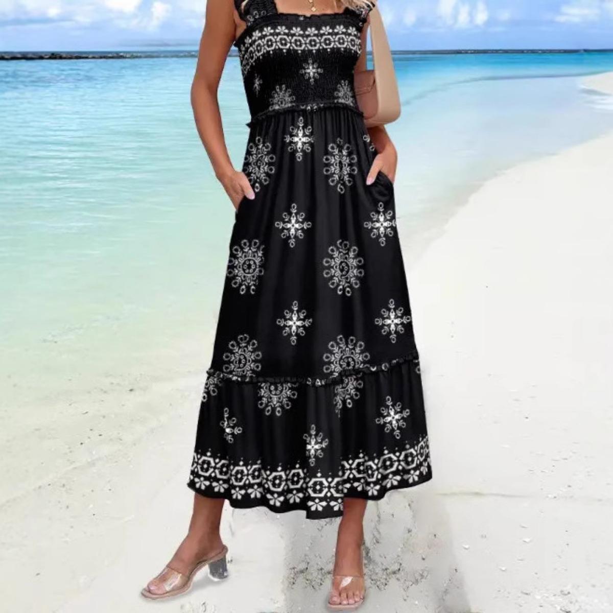 

Summer Women s Spaghetti Strap High Waist Vacation Style Dress European American Style Casual Dress For Women Crossborder XXL