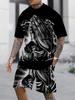 Summer Men Loose Streetwear Praying Hands Print Short Sleeve Set